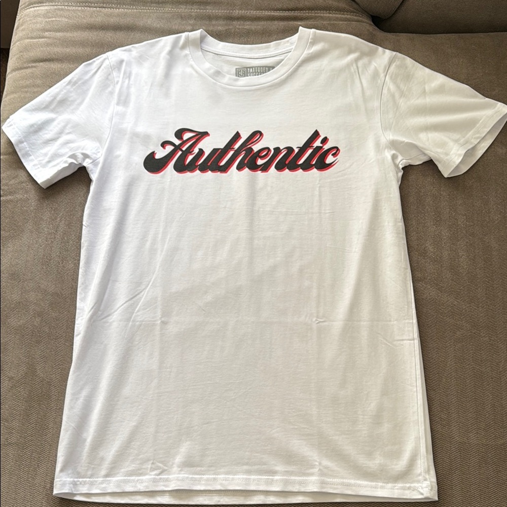 White Short Sleeve Tee with Script Design - Authentic Graphic - NEW!!